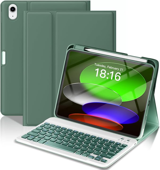 NOKBABO for iPad 11th 10th Generation Case with Keyboard, Magnetic Wireless Detachable Folio case with Pencil Holder, Keyboard for ipad 11th(A16,2025) & iPad 10th Generation(2022) - Midnight Green