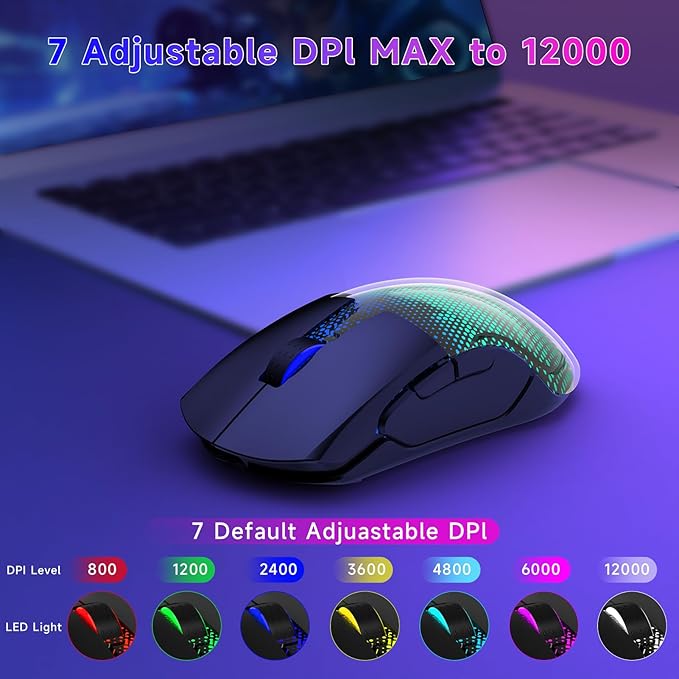 FFJ Master02 Wireless Gaming Mouse, 12000 DPI, Tri-Mode 2.4G/USB-C/Bluetooth 5.3 Gaming Mouse, Large RGB Backlit, 6 Programmable Buttons, 75Hr Battery Life for PC, Mac, Laptop, PS5, Xbox - Black