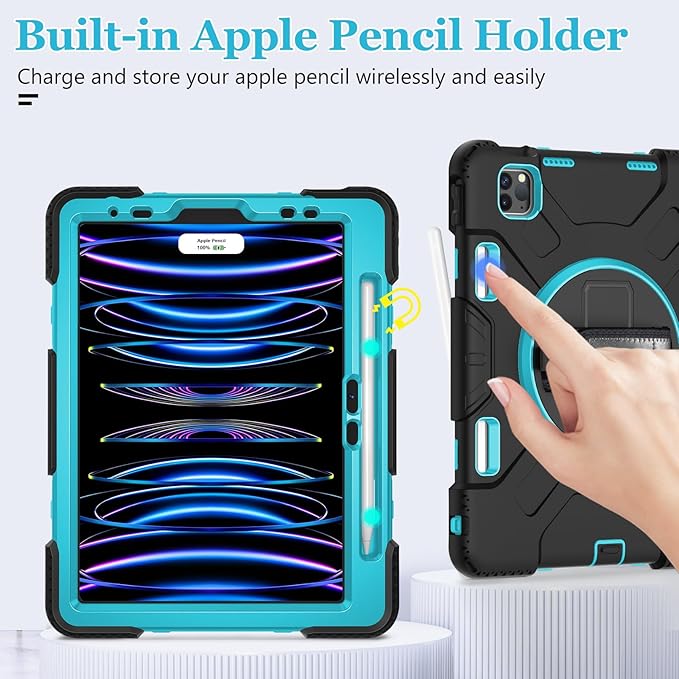 Case for iPad Pro 11 Inch 2022/2021/ 2020/2018: Silicone Cover for iPad 11 Inch 4th/ 3rd/ 2nd/ 1st/ Generation with Screen Protector- Stand- Handle- Shoulder Strap- Pencil Holder- Mint Green