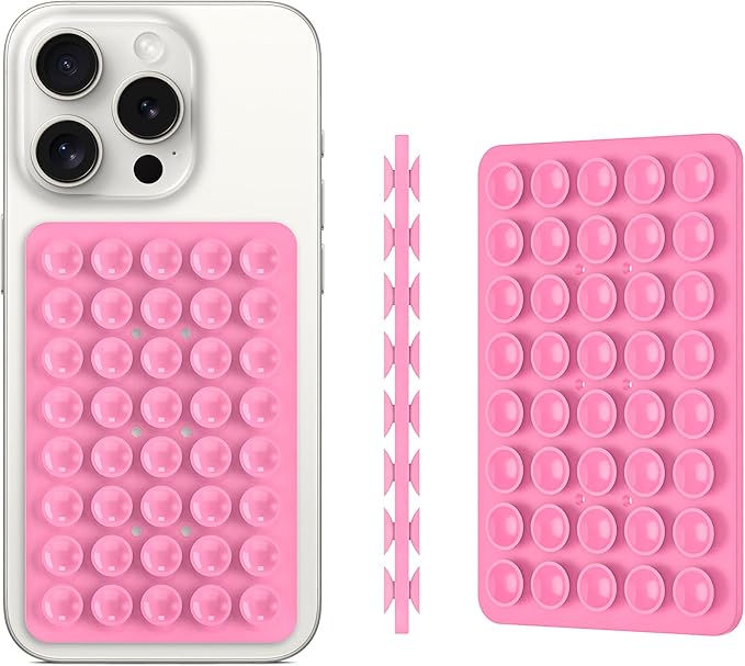 Silicone Double Sided Suction Phone Case Mount, Detachable Hands Free & Strong Grip Holder for Selfies & Videos, Compatible iPhone Android (Pink, 1Pack)
