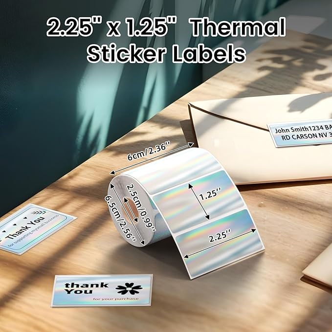 2.25x1.25 Inch Thermal Labels Sliver, Holographic Sliver Barcode Thermal Labels for Thermal Printer and Small Business, Multi-Purpose Rectangle Stickers, 500 Sheets/Roll