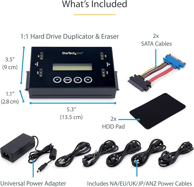 StarTech.com 1:1 Standalone Hard Drive and USB Thumb Drive Duplicator/Eraser, USB Flash and SATA HDD/SSD Disk Cloner/Copier and Wiper, Toolless Sanitizer, LCD Display, TAA Compliant (SU2DUPERA11)