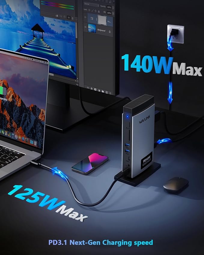 WAVLINK Laptop Docking Station 3 Monitors(Max Resolution: Single 8K or Triple 4K), 11-in-1 USB C Docking Station with 125W PD3.1 Pass-Through & Power Adapter, HDMI + 2* DP, for MacBook M1–M4 & Windows