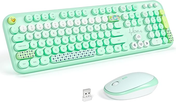 KNOWSQT Wireless Keyboard and Mouse Combo - Lovely Green Rainbow Full-Sized Typewriter Colorful Keyboards, Round Keycap USB Plug Play Retro Cute Keyboards for Windows, Laptop, PC, Desktop, Computer