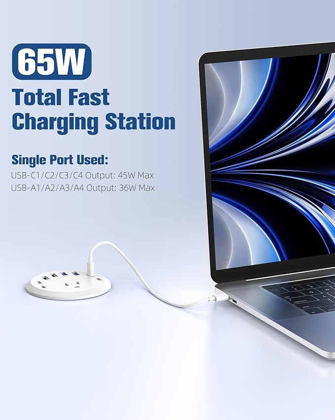 Jgstkcity 65W USB-C Hidden Desktop Power Grommet: 1 AC Outlet,8 USB Charging Ports,3'' Hole Flush Mount Pop-Up Power for Conference Tables & Nightstands (Whtie, 6 FT)