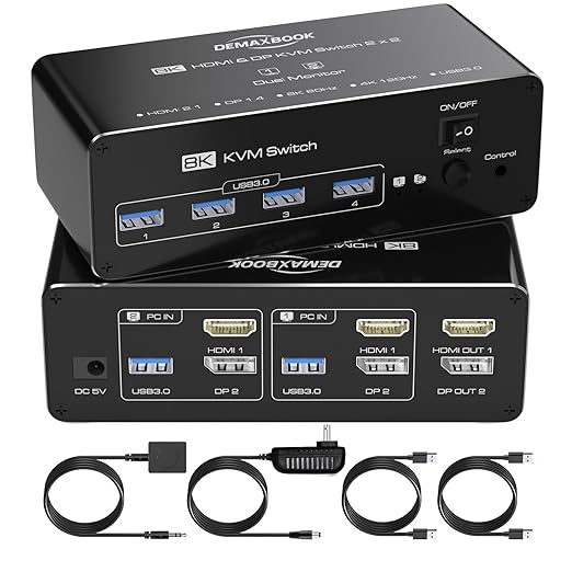 DEMEXBOOK Dual Monitor HDMI Displayport KVM Switch 2 Monitors 2 Computers 8K@60Hz/4K@144Hz,2 Computers Share 2 Monitors,USB 3.0 Ports,Extended/Copy Mode Support,2 USB Cables,Remote Control Included