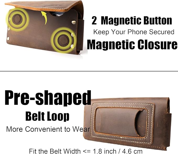 topstache Leather Phone Holster with Belt Loop, Magnetic Closure Cell Case Card Holder Wallet,Leather Pouch for iPhone 14 Pro,Galaxy S23(Fits Otterbox on) L,Darkbrown, Belt Loop-Darkbrown (C0403)