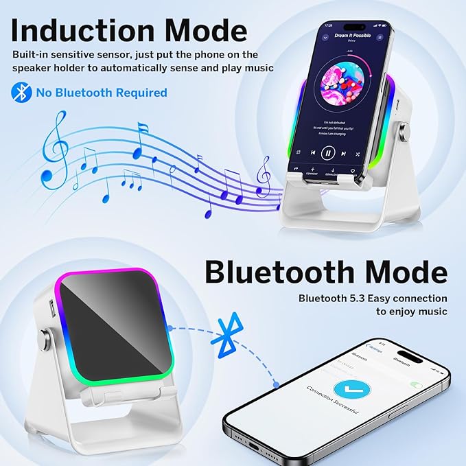 Wireless Induction Speaker 5-in-1 Bluetooth Speaker with Phone Stand,Stereo Sound, 3500mAh Rechargeable, 8 RGB Ambient Light, 360° Adjustable Holder for iPhone/Android/iPad,Gifts for Men Women (White)