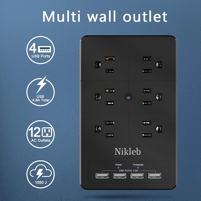 Surge Protector Wall Charger, 12 Wide AC Outlets Power Strip, 4 Ports USB Charging Blocks, Multiple Plug Adapter Wall Mount, Plug Extender Heavy Duty, Outlet Splitter for Home, Office Supplies