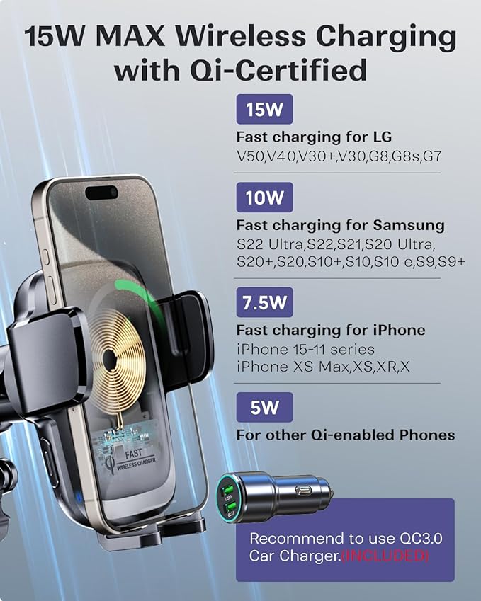 KPON Wireless Charger for Car, Car Phone Holder Charger Mount Qi Certified Auto Clamping 15W Fast Charging for Dashboard Air Vent Windshield Mount for Samsung Galaxy/iPhone 16 15 14 13 12 /Google/LG
