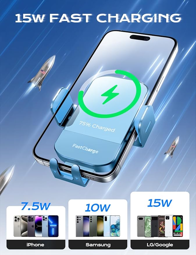 CHGeek Wireless Car Charger, 15W Fast Charging Auto Clamping Car Charger Phone Mount Phone Holder fit for iPhone 15 14 13 12 11 Pro Max Xs, Samsung Galaxy S25 Ultra S24 S23 S22, S21, S20, Cyan