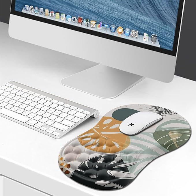Hokafenle Ergonomic Mouse Pad Wrist Support, Wrist Rest Mousepad for Carpal Tunnel Pain Relief with Integrated Memory Foam Slope Massage Bulge (11.8x7.9 inch,Abstract Leaves