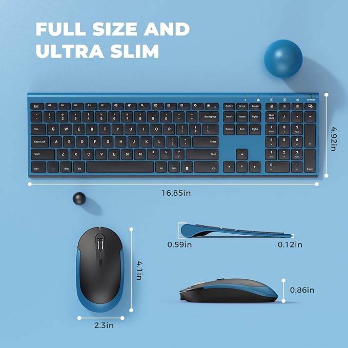 Wireless Keyboard and Mouse, Vssoplor 2.4GHz Rechargeable Quiet Full-Size Keyboard and Mouse Combo with Nano USB Receiver for Windows, Laptop, PC, Notebook-Black and Blue