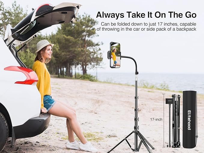 elitehood 80” Tall Phone Stand Tripod, Floor Phone Recording Stand, Heavy Duty Adjustable iPhone Tripod Stand Compatible with iPhone 15 14 13 12