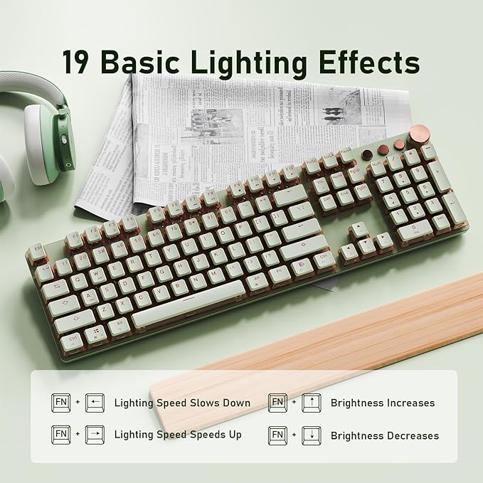 EWEADN V20 Wired Mechanical Keyboard, 104 Keys Backlit LED Keyboards, Media Control Knob, Wired Computer Keyboard Pink Switch for Windows/Mac/PC-Matcha Green