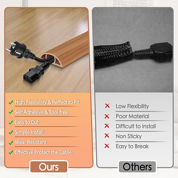 Floor Cord Cover for Wires on Floor Self Adhesive Cord Hider Floor Cable Management Wire Covers for Cords Protector Prevent Cable Trips Cord Cavity W 0.59" x H 0.31", Brown Wood, 10Ft