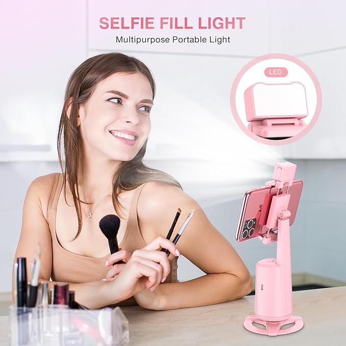 Auto Face Tracking Tripod 360° Rotating Cell Phone Photo and Video Kits Stand, No App, Phone Camera Stand with Remote and Gesture Control for Live Recording Tiktok Pink1