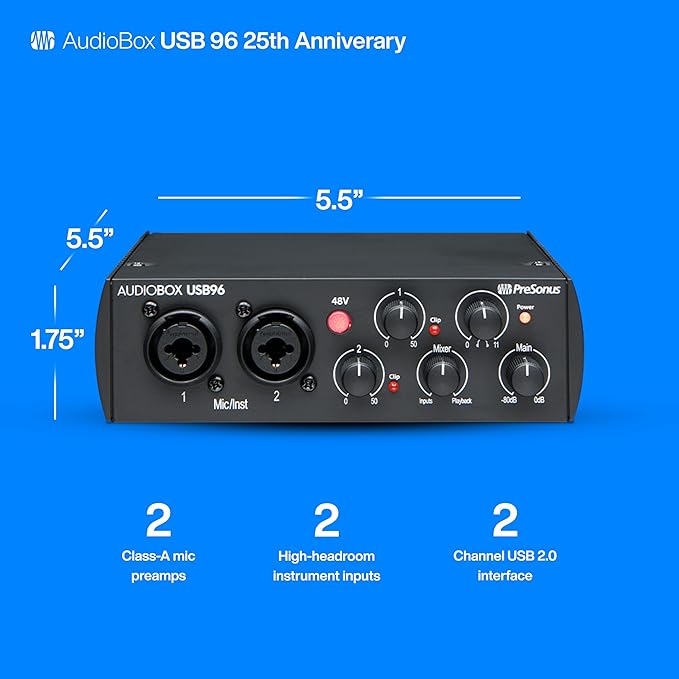 PreSonus AudioBox 96 25th Anniversary USB Audio Interface with Studio One Artist DAW Recording Software