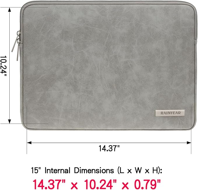 RAINYEAR 15 Inch Laptop Sleeve PU Suede Leather Case Padded Cover Water Resistant Carrying Computer Bag Compatible with 15.4 MacBook Pro/Air, Surface Laptop 3/4 15", New XPS 15 Touch(Gray)