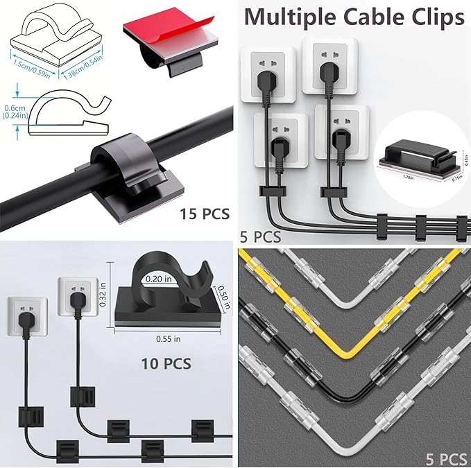 ELII 328Pcs Cable Management Kit, 8 Magnetic Cable Holder,69Adhesive Cable Clips,4 Cable Sleeve Split,22Reusable Cable Strap,200 Nylon Cable Zip Ties with 25 Mounts TV Office (Black)