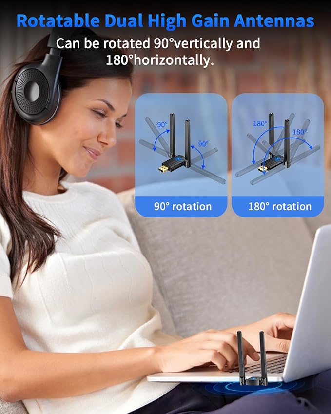 ZEXMTE 5.4 USB Bluetooth Adapter for PC, Plug & Play Bluetooth Transmitter & Reciver, EDR & BLE, High Gain Antenna, 590FT / 180M Long Range for PC Windows 11/10/8