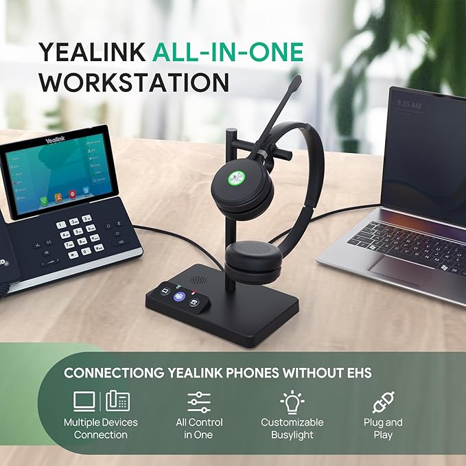 Yealink WH62 Dual Teams DECT Wireless Headset 525 ft Range, Work Headphones with 2X Noise Canceling Mic for IP Phone and Computer, Office Head Set with Call Control, Ringer,14 Hrs Talk Time