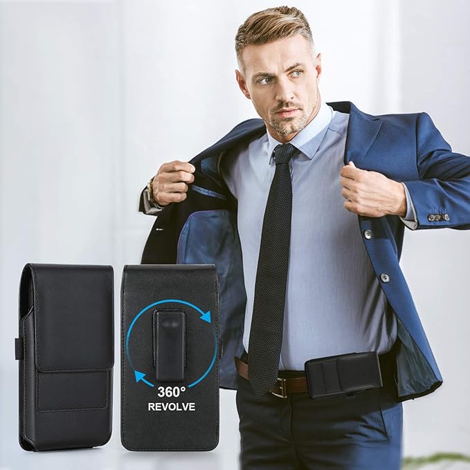 BECPLT Phone Holster for Apple iPhone 17 Pro 16/15/14/13/12/11 Pro Leather Belt Case,Swivel Clip Pouch Holster Belt Clip Case for Galaxy S25 S24 S23 S22 S21 Google Pixel 5 4a 5G 4 LG -Black