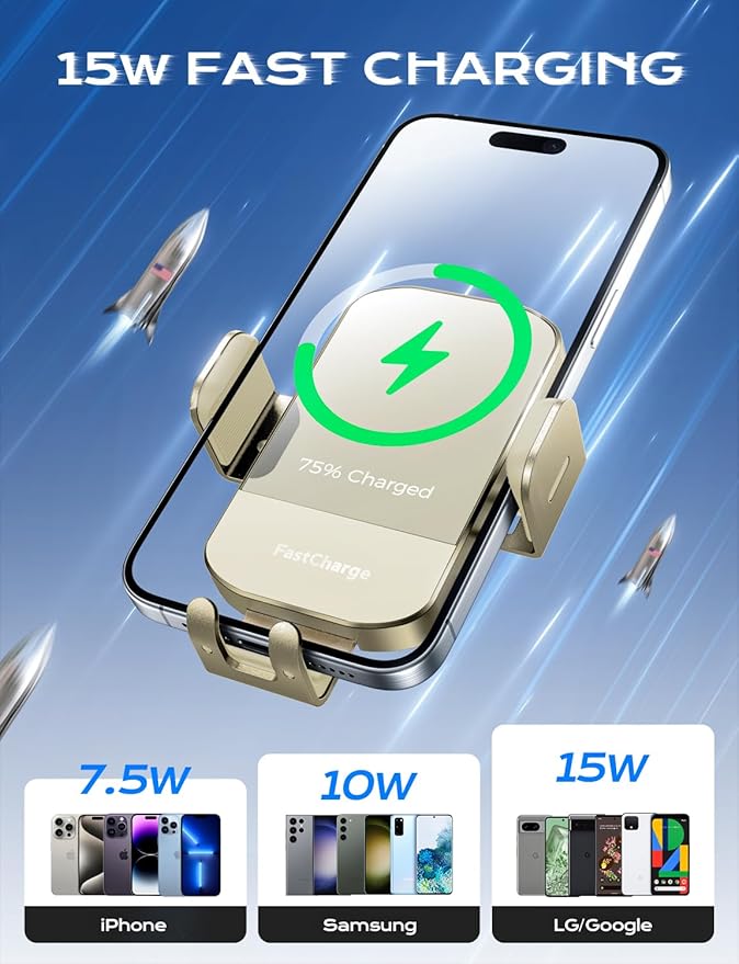 CHGeek Wireless Car Charger, 15W Fast Charging Auto Clamping Car Charger Phone Mount Phone Holder fit for iPhone 15 14 13 12 11 Pro Max Xs, Samsung Galaxy S25 Ultra S24 S23 S22, S21, S20, Khaki