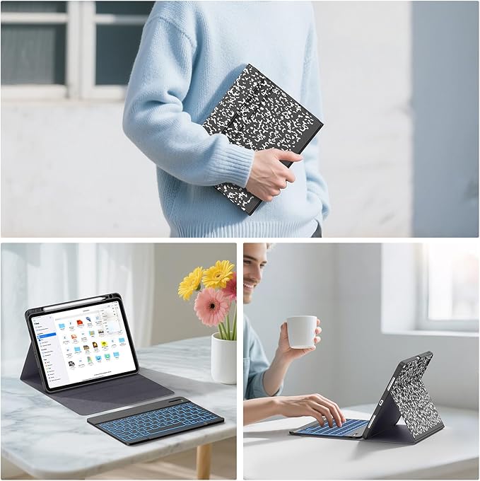 Supveco Keyboard Case for iPad Air 11 Inch (M3 2025,M2 2024),iPad Air 5th/4th Generation with Pencil Holder-7 Colors Backlit Wireless Detachable Folio Keyboard Cover with Soft TPU Back-Black