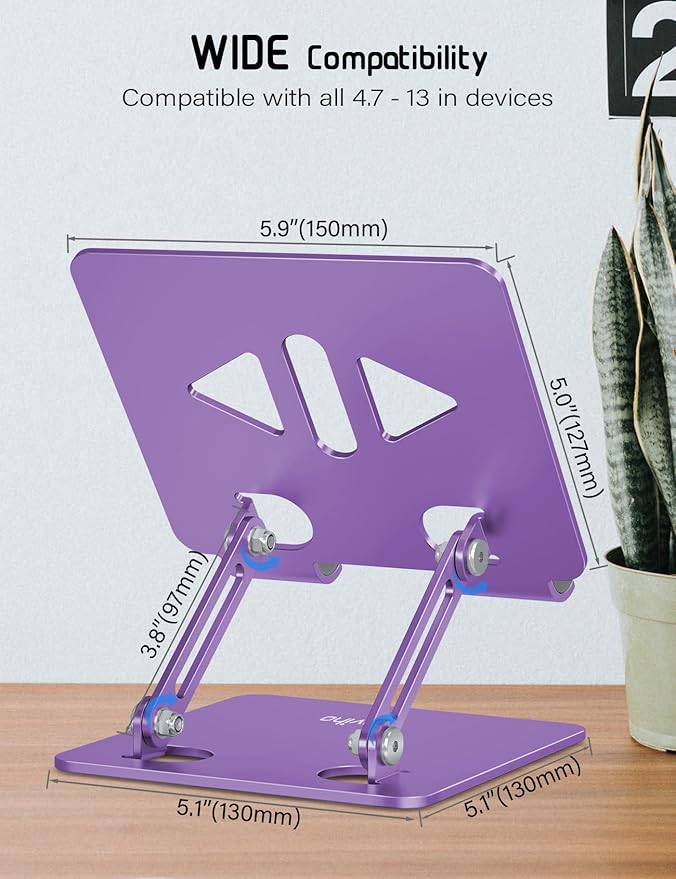 Tablet Stand Holder for Desk, Adjustable Desktop Tablet Holder, Foldable Aluminum Tablet Mount for iPad pro 12.9, iPad Air Mini, Samsung Galaxy Tabs Z Fold Kindle Fire 4-12 inch Purple