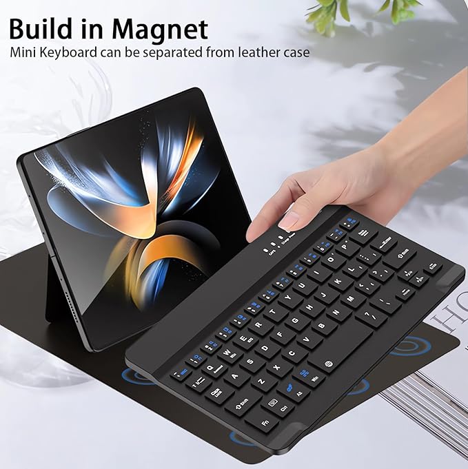 for Samsung Galaxy Z Fold 7 6 5 Keyboard and Mouse, Portable Mini 7.9 inch Bluetooth Keyboard with Leather Stand Case and Pen, 4 in 1 Travel Set for Z Fold7 6 Accessories,Black
