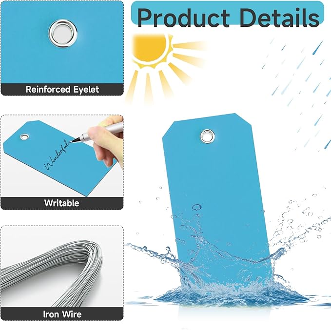 100 Plastic Shipping Tags with Wire - Waterproof, Reinforcement Hole, Durable Labels for Equipment Parts (Baby Blue, 4 3/4" x 2 3/8")