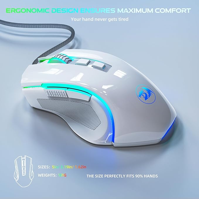 Redragon M602 Gaming Mouse, Ergonomic RGB Gaming Mouse Wired with 7200 Adjustable DPI, 9 Programmable Buttons, Professional Software for Gamer Office [White]