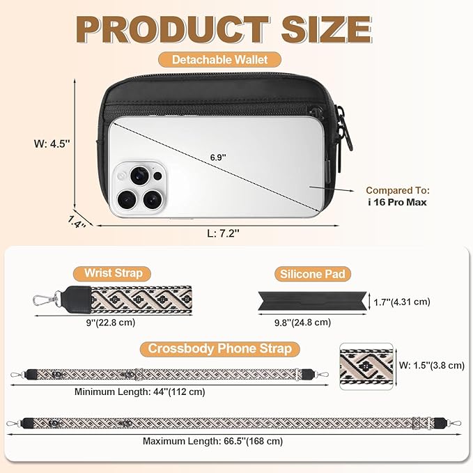 Clip and Go Strap for Phone with Wallet Crossbody, Adjustable Phone Lanyard with Detachable RFID Wristlet Wallet, Pattern Strap - Black (L)