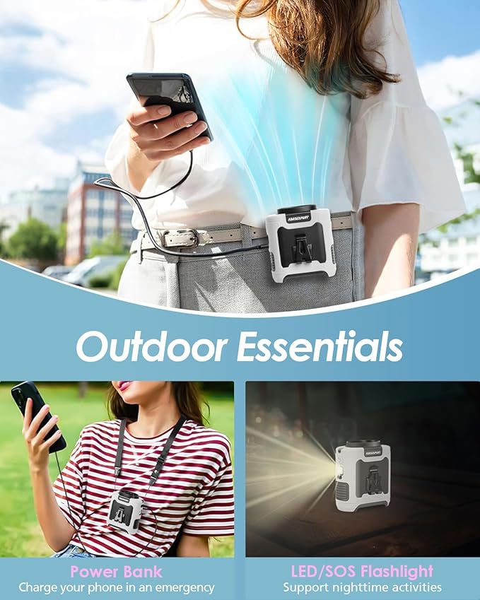 Portable Waist Fan Clip on, Personal Wearable Belt Fan 10000mAh Rechargeable Battery Under Shirt,5 Speeds with light, Neck Fan Hands-Free Cooling For Outdoor Camping Travel (White)