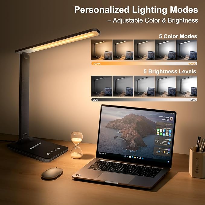 shinelife LED Desk Lamp for Office Home, Bright Desk Light with USB Charging Port, Adjustable Dimmable Desk Lamps 5 Modes 5 Brightness, Touch Study Lamp for Nail, Craft, Puzzle, Sewing, Study, Black