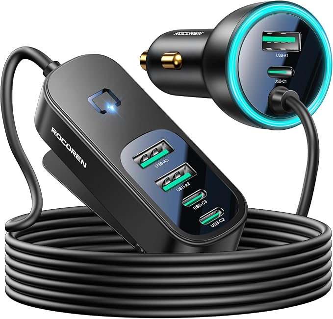 Rocoren 105W 6-Port Multiport Car Charger, PD Fast USB C Car Charger for Multiple Devices,Cigarette Lighter Adapter Car Travel Essentials for Road Trips with 5FT Cable,Car Accessories for iPhone 16/15