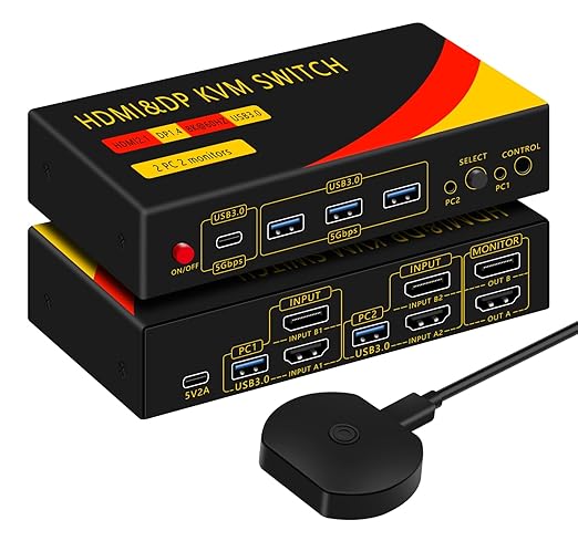 DP hdmi kvm Switch 2 Monitors 2 Computers Display Port,kvm Switch displayport with DP and HDMI kvm switches,8K@60HZ,USB3.0 with 1 USB C