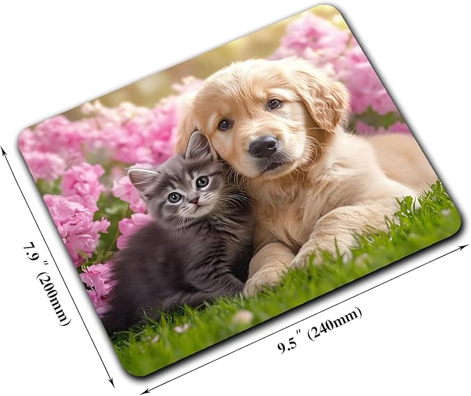 Kawaii Cat and Dog Custom Mouse Pad with Non-Slip Rubber, Small Square Design for Wireless Laptop & Computer Mouse Pads for Desk, 9.5 x 7.9 inch Smooth Surface for Gaming & Office