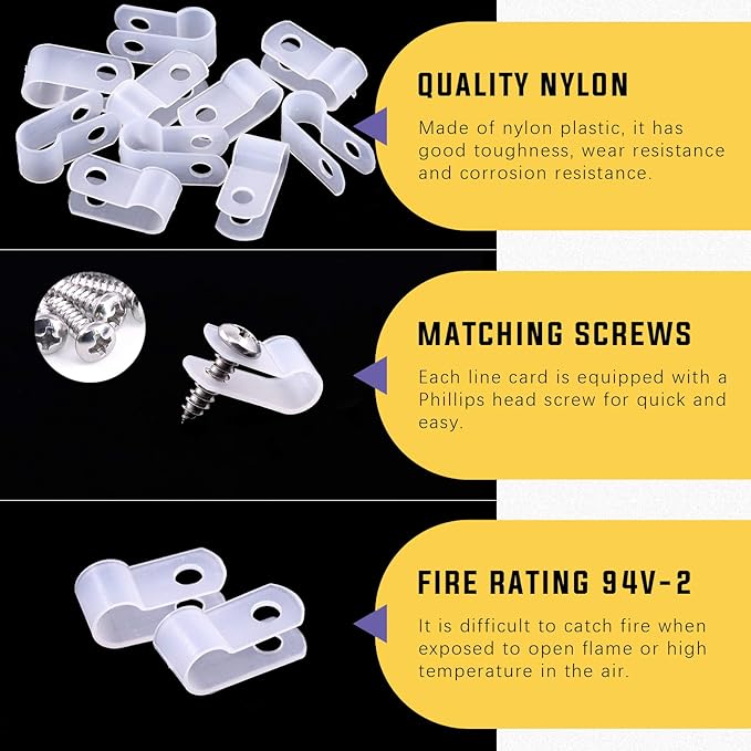 Swpeet 120 Pack White 1/4 Inch Nylon Plastic R-Type Cable Clips Clamp Kit, Nylon Screw Mounting Cord Fastener Clips with 120 Pack Screws for Wire Management (1/4 Inch, White)