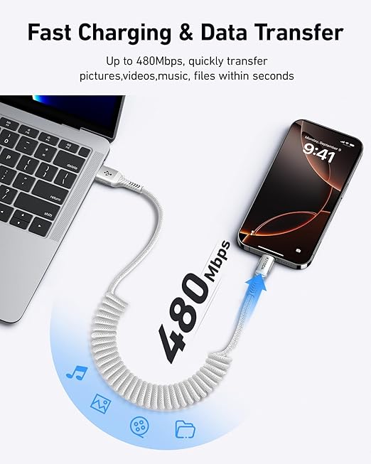 Coiled USB to USB C Cable for Car 3FT/6FT, USBC Cables Fast Charging Braided USB-A to USB-C Phone Charger Cord USB Type C Cable for iPhone 17 16 15 Pro Max, Samsung Galaxy S24 S23-2Pack Silver