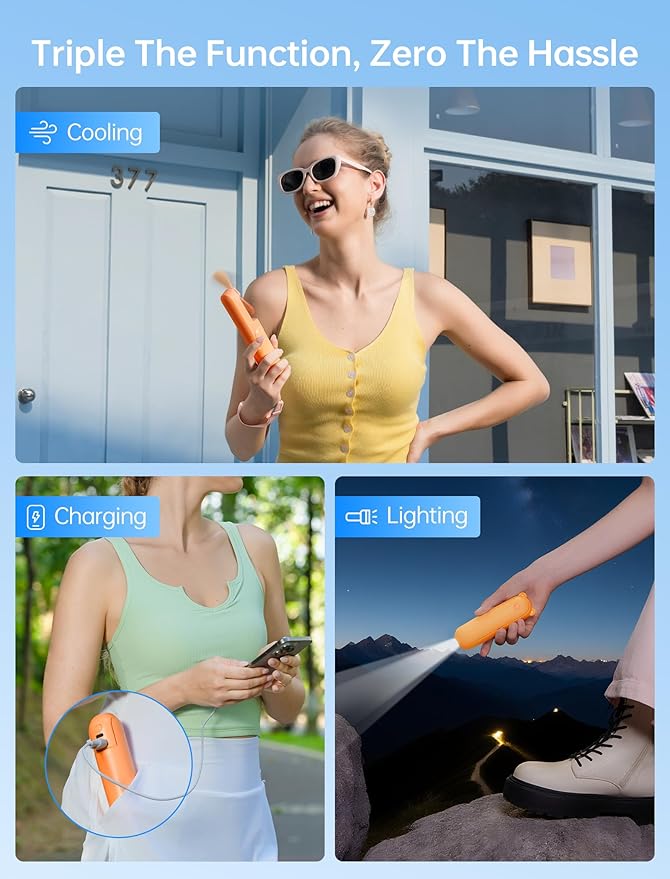 JISULIFE Handheld Mini Fan, 3 IN 1 USB Rechargeable Portable Fan [12-19 Working Hours] with Power Bank, Flashlight, Pocket Design for Travel/Summer/Concerts/Lash, Gifts for Women (Tropical Coral)