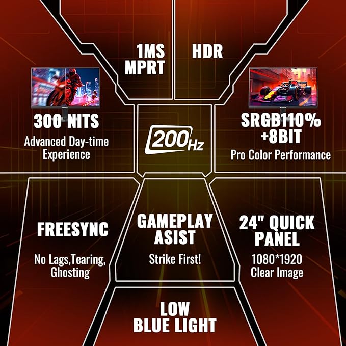 SANSUI Gaming Monitor, 24 Inch 200Hz 180Hz, FHD 1080P 1ms 110% sRGB Computer Monitor, HDMI DP Ports VESA Support for Game Office (HDMI Cable Included ES-G24F4H)