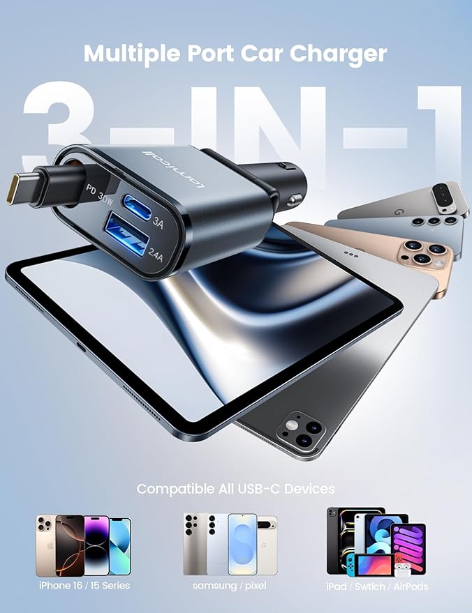 Lamicall Retractable Car Charger USB C Fast Charging [Ultra-Compact, 60% Less Space] 57W Type C Car Phone Charger fit iPhone 16 16e 15 Pro Max Plus Galaxy S25 S24 Ultra Pixel Android