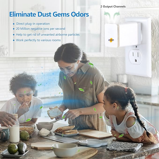 evron Plug-In Air Ionizer for Home & Travel, 20 Million Negative Ions/sec, Compact & Foldable Prongs, No Filter Needed, Quiet Odor Eliminator for Room, Pet, Bathroom, Hotel (Blue light 1 Pack)