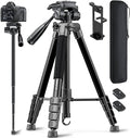 73" Camera Tripod and Monopod, Professional Aluminum Tripod Stand for Mirrorless Camera/DSLR/Cell Phone/Camcorder/GoPro, with Phone Holder and Travel Bag (Black)