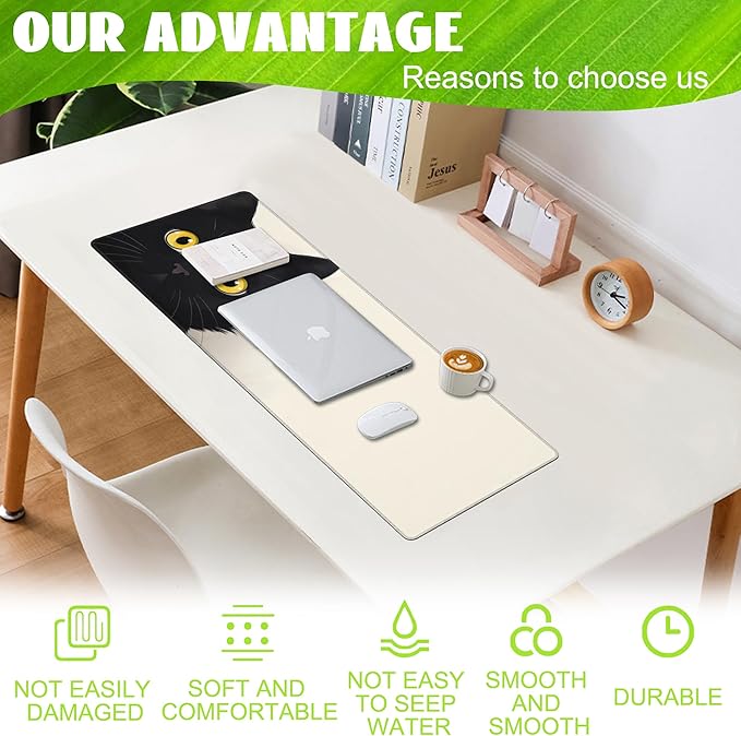Desk Pad,Black Cat Desk Mat,Cute Cat Large Gaming Mouse Pad for Desk,Extended Big Computer Keyboard Mouse Pad with Non-Slip Base and Stitched Edge,31.5"x11.8"