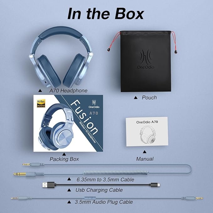 OneOdio A70 Bluetooth Over Ear Headphones, Wireless Headphones w/ 72H Playtime, Hi-Res, 3.5mm/6.35mm Wired Audio Jack for Studio Monitor & Mixing DJ Guitar AMP, Computer Laptop PC Tablet - Sky Blue