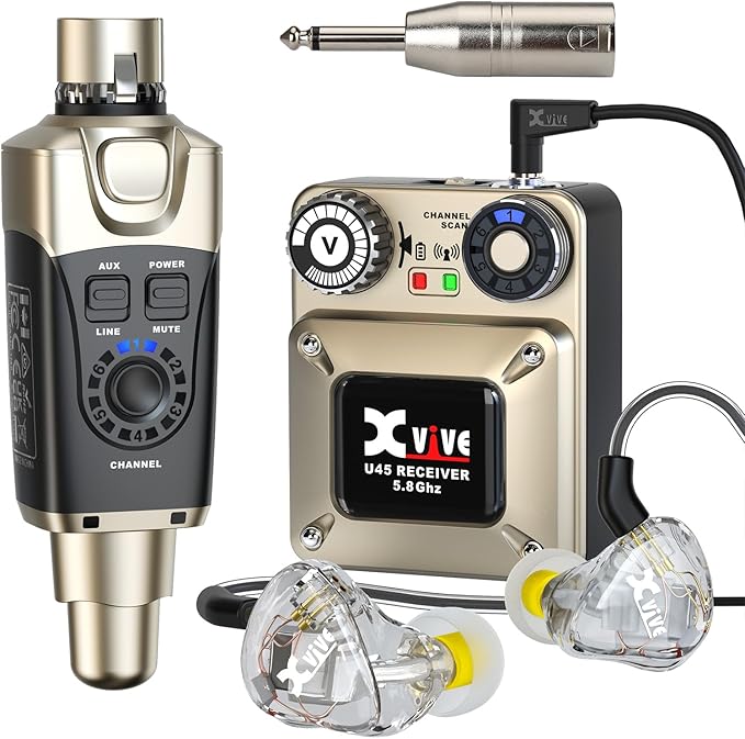 Xvive U45T9 Wireless in Ear Monitor System 5.8ghz with T9 2BA Drivers IEM Earphone, IEM System Transmitter and Bodypack Receiver for Studio, Band Rehearsal, Live Performance, Channel Scan Mode