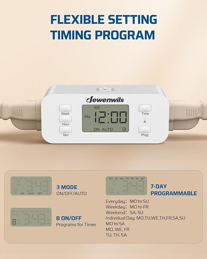 DEWENWILS 7 Day Heavy Duty Timers for Electrical Outlets, Dual Outlet Digital Timer, 3 Prong Programmable Light Timer for Indoor Lamp, Light, Fan, Pets, Home, Kitchen, Office, 125V 60Hz, 1 Pack